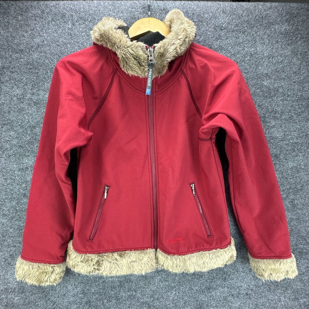 Marmot Jacket Womens Medium Red Soft Shell Faux Fur Hooded Fleece‎ Lined